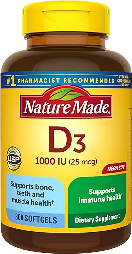 Nature Made Vitamin D3 1000 IU (25 mcg) Softgel, Dietary Supplement for Bone, Teeth, Muscle and Immune Health Support, 300 Day Supply,300 Count...