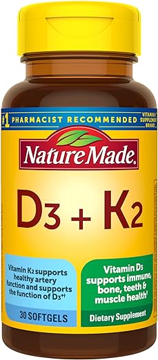 Nature Made Vitamin D3 K2, 5000 IU (125 mcg) Vitamin D, Dietary Supplement for Bone, Teeth, Muscle and Immune Health Support, 30 Softgels, 30 Day...